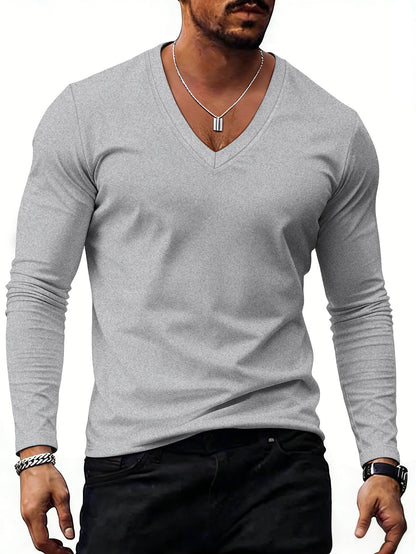 Men’s Solid-Color Plus-Size Casual V-Neck T-Shirt Trendy Style