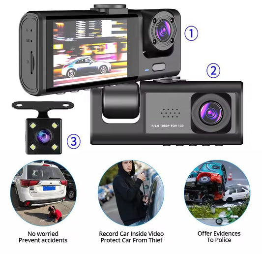 Triple Lens Car Dash Cam with WiFi Connectivity and Recording
