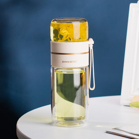 Glass Water Bottle with Tea Infuser Filter Double Wall Design