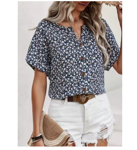 Womens Print Jacquard Collar Short-Sleeve T-Shirt