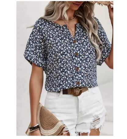 Womens Print Jacquard Collar Short-Sleeve T-Shirt