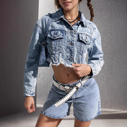 Womens Retro Slim-Fit Denim Jacket for Classic Street Style