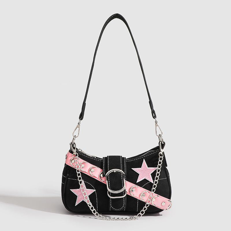 Pink Chain Star Baguette Shoulder Bag for Cute Daily Styles