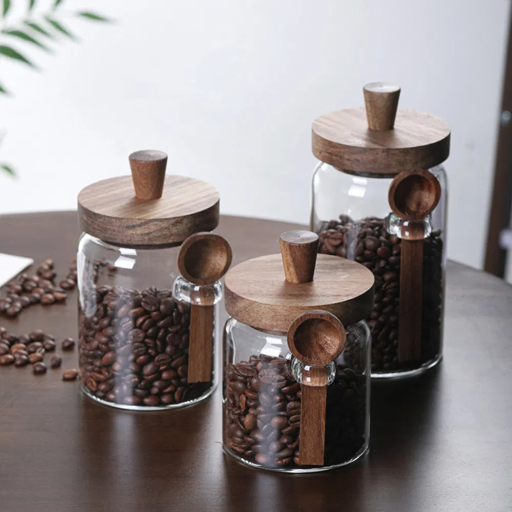 Glass Coffee Jar Set – 3 Pcs with Spoons for Kitchen Storage