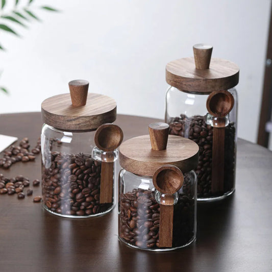 Glass Coffee Jar Set – 3 Pcs with Spoons for Kitchen Storage