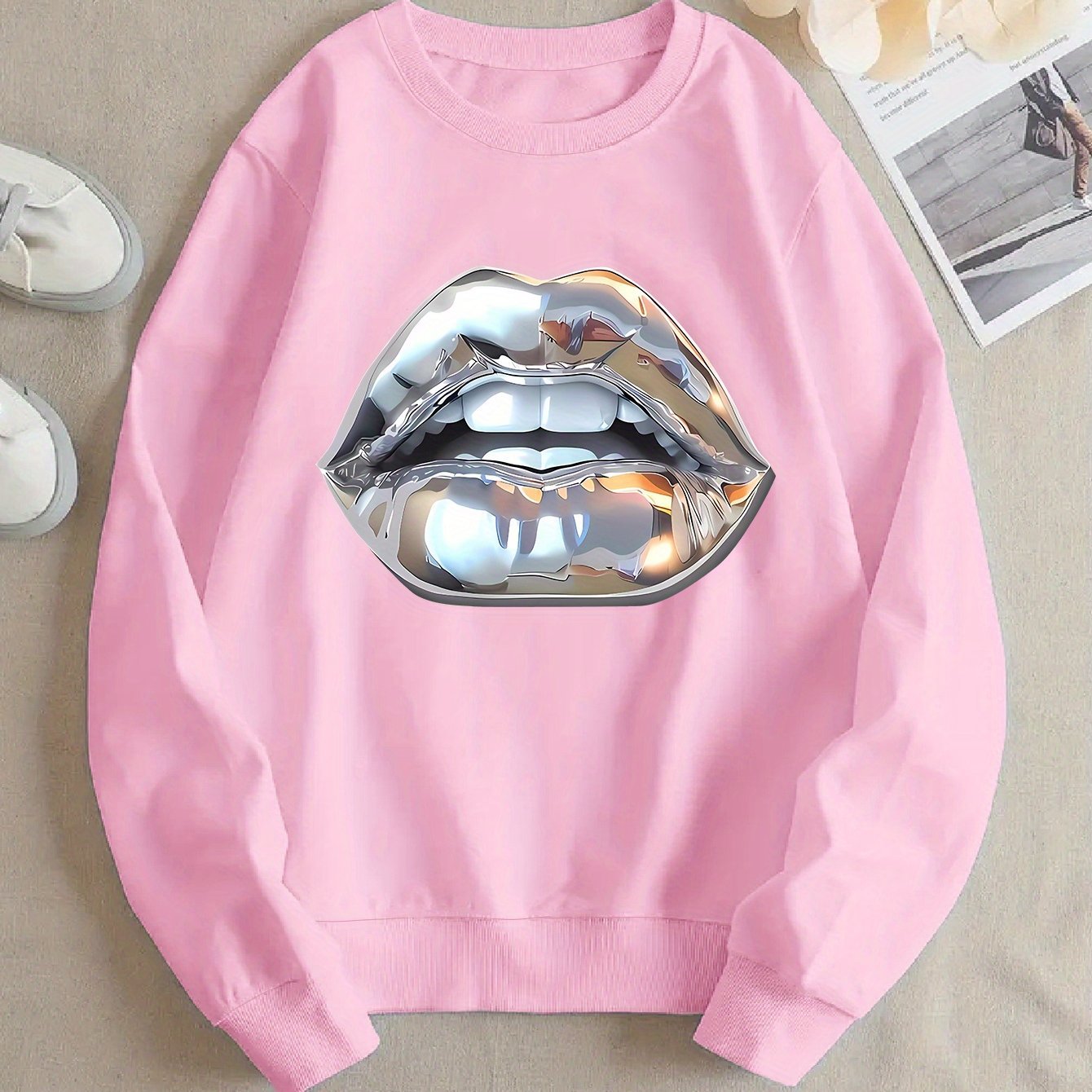 Buy Women’s Cartoon Silver Lip-Printed Sweatshirt for Casual Wear