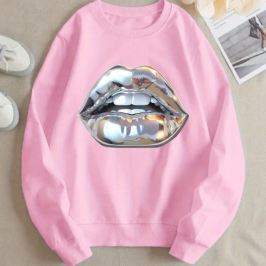 Buy Women’s Cartoon Silver Lip-Printed Sweatshirt for Casual Wear