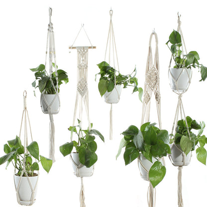 Flower Pot Net Bag – Beige Cotton Rope Indoor Plant Hanger