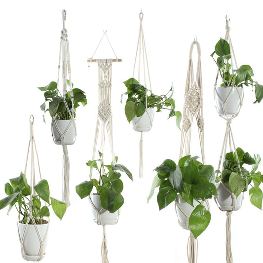 Flower Pot Net Bag – Beige Cotton Rope Indoor Plant Hanger