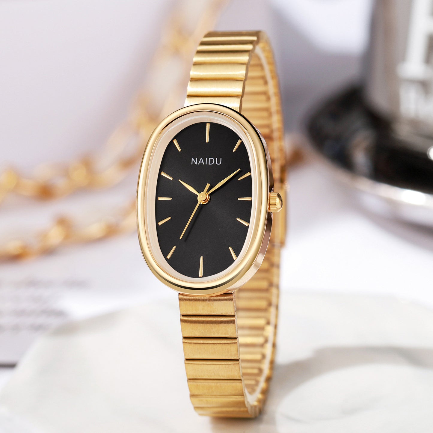 Girls Watch with Bamboo-Link Strap – Classic Oval Small Dial