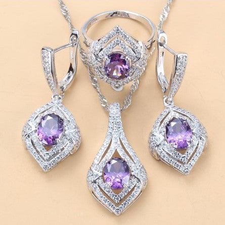 Gem-inlaid Pendant Earrings Necklace Ring Set – Perfect for Ladies