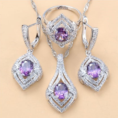Gem-inlaid Pendant Earrings Necklace Ring Set – Perfect for Ladies