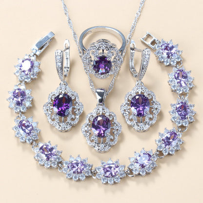 Garnet Cubic Zirconia Earrings Pendant Necklace Bracelet Ring Gift 4 PCs Set