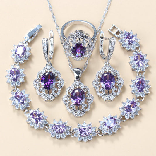Garnet Cubic Zirconia Earrings Pendant Necklace Bracelet Ring Gift 4 PCs Set