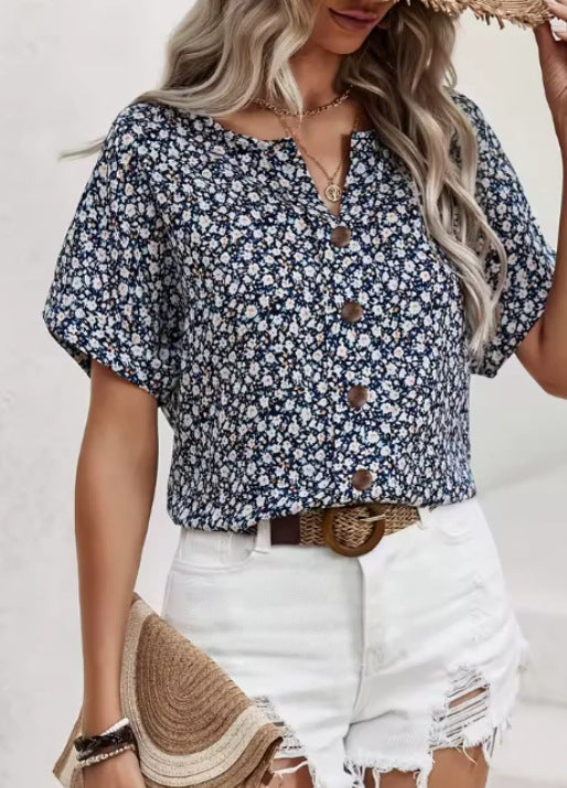 Womens Print Jacquard Collar Short-Sleeve T-Shirt
