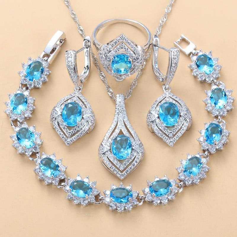 Inlaid Gemstone Pendant Earrings Necklace And Ring For Women 4 PCs