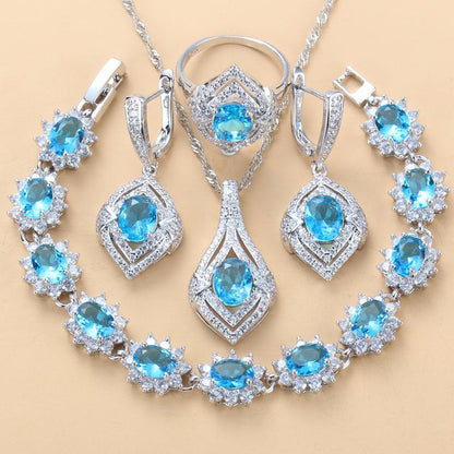 Inlaid Gemstone Pendant Earrings Necklace And Ring For Women 4 PCs