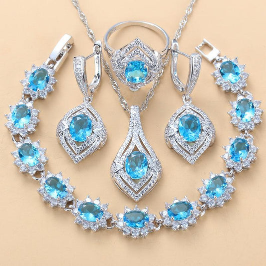 Inlaid Gemstone Pendant Earrings Necklace And Ring For Women 4 PCs