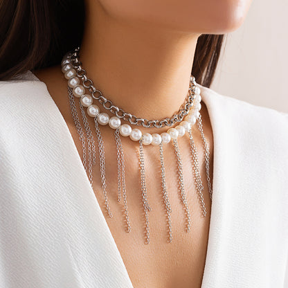 Pearl Tassel Double-Layer Retro Necklace Fun Design Jewelry