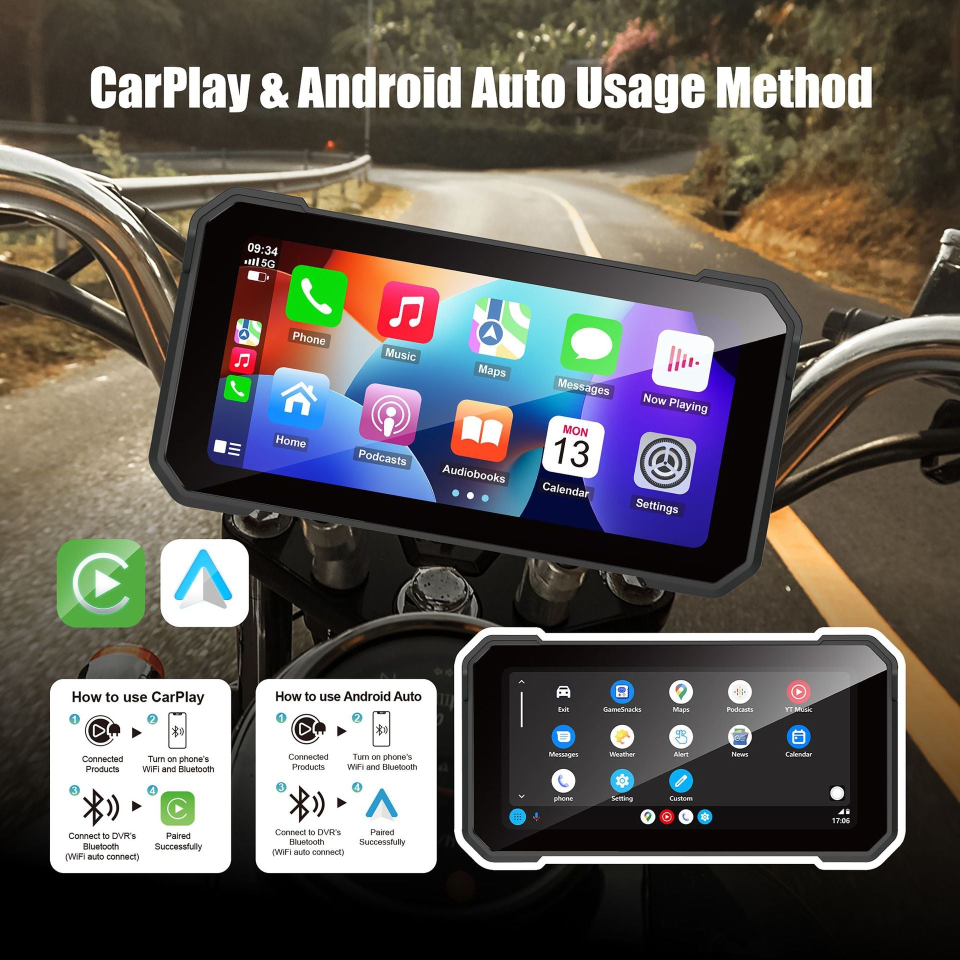 6.25 Inch Motorcycle GPS Navigator with CarPlay Dual Camera