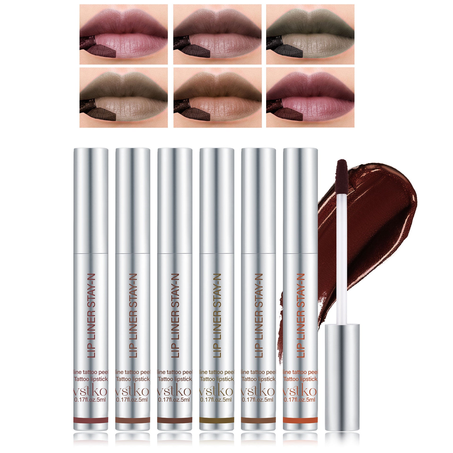6-Color Peel-Off Lip Liner with Brush, Waterproof and Non-Smudged