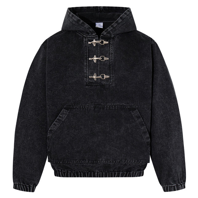 Men’s Black Hoodie – Stylish Distressed Wash Button Detailing