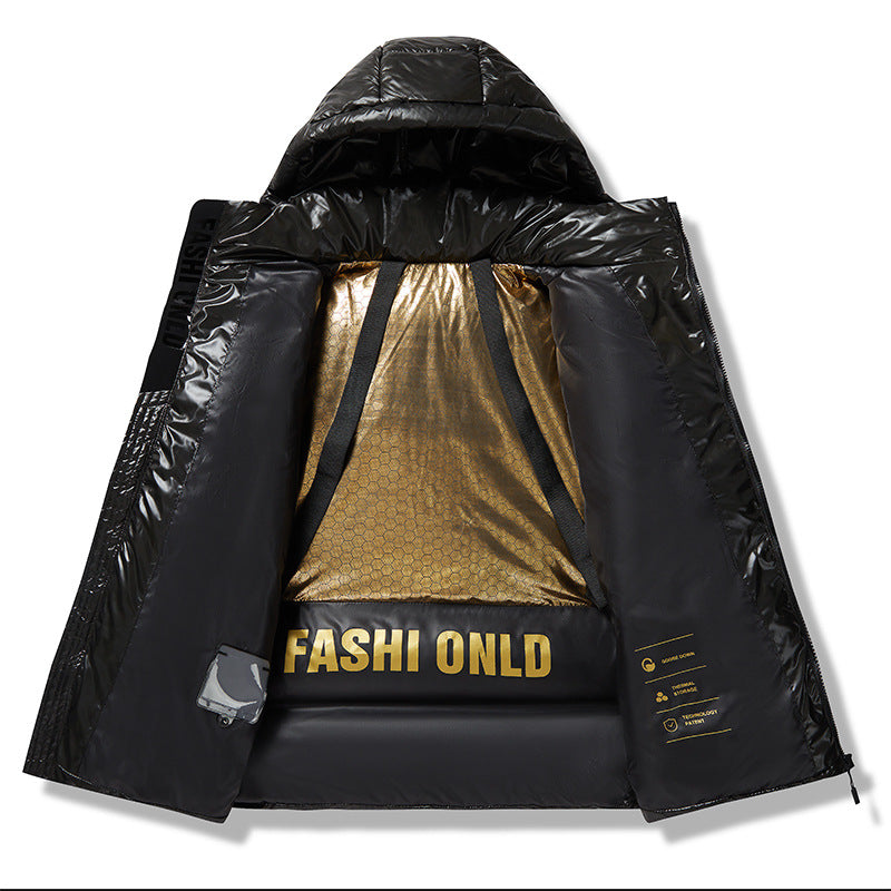 Buy Loose-Fit Black Gold Cotton-Padded Hooded Down Jacket Online
