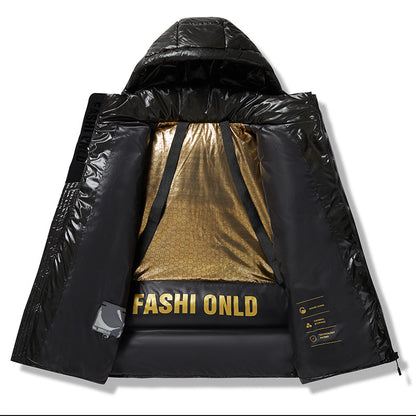 Buy Loose-Fit Black Gold Cotton-Padded Hooded Down Jacket Online