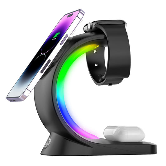 4-in-1 RGB magnetic wireless charger with smartphone, watch, and wireless earbuds on a wooden surface. Global swanky 8
