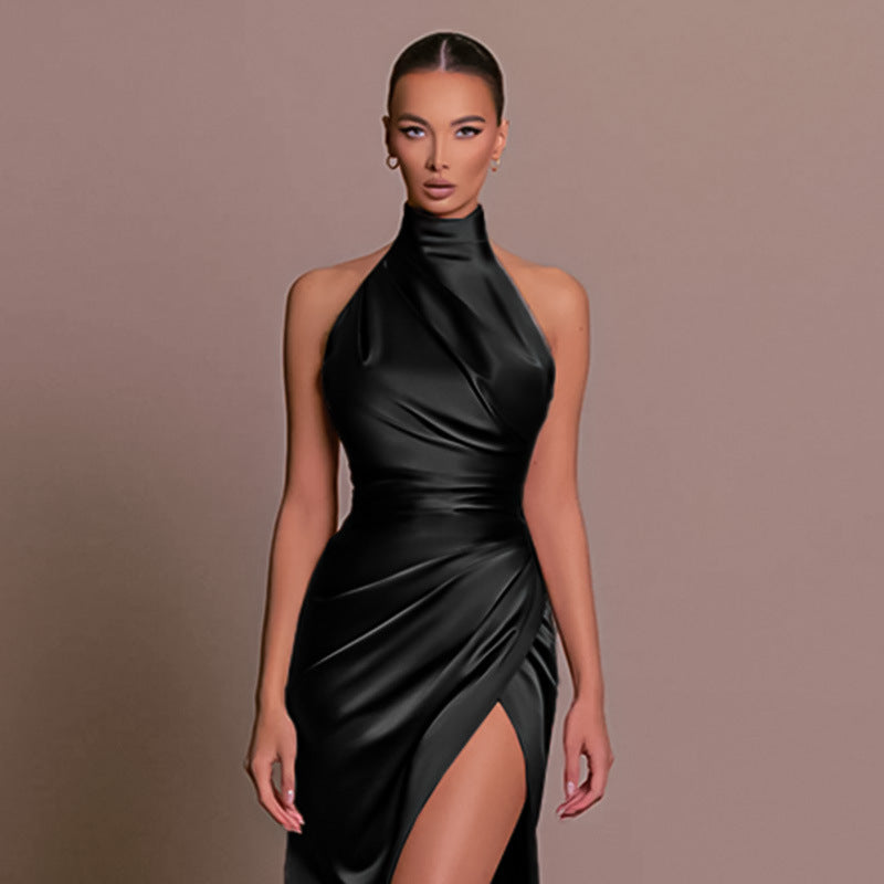 Elegant Stand-Up Collar Halter Slit Slim Long Dress for Women
