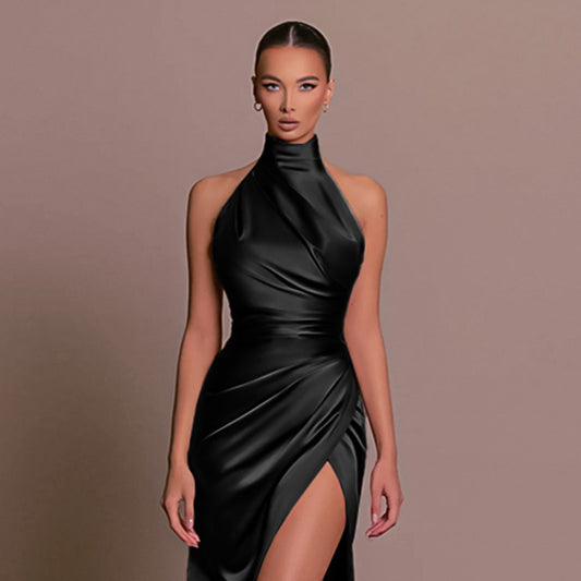 Elegant Stand-Up Collar Halter Slit Slim Long Dress for Women