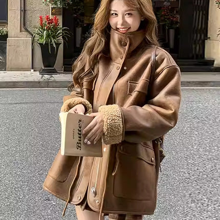 Buy Thickened Lambskin Coat With Integrated Fur Lining for Women