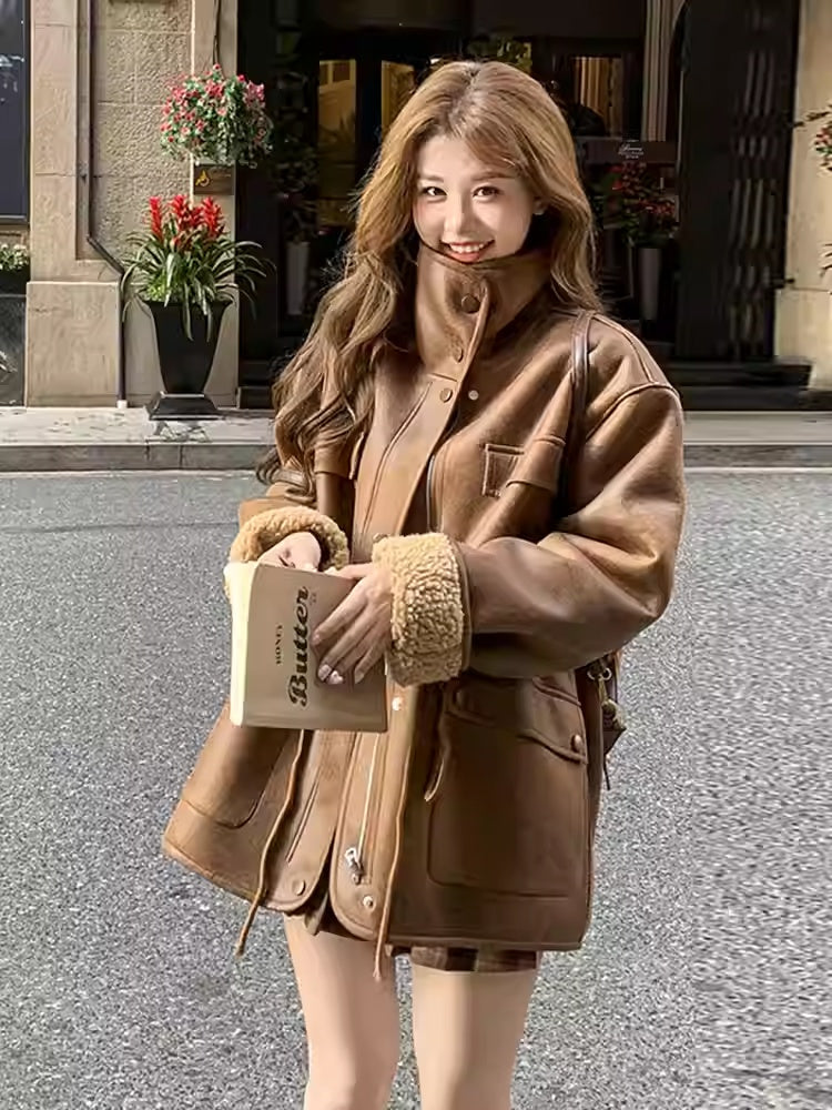 Buy Thickened Lambskin Coat With Integrated Fur Lining for Women