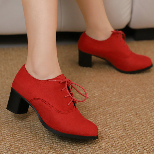 Deep-V Cut Womens Chunky Heel Round-Toe Lace-Up Shoes