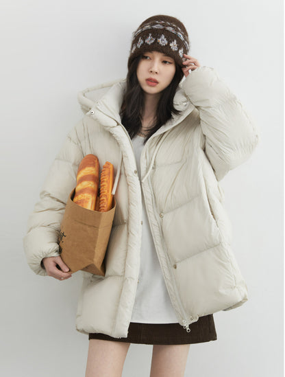 Mid-length 90 White Duck Down Puffer Coat With Hood for Winter