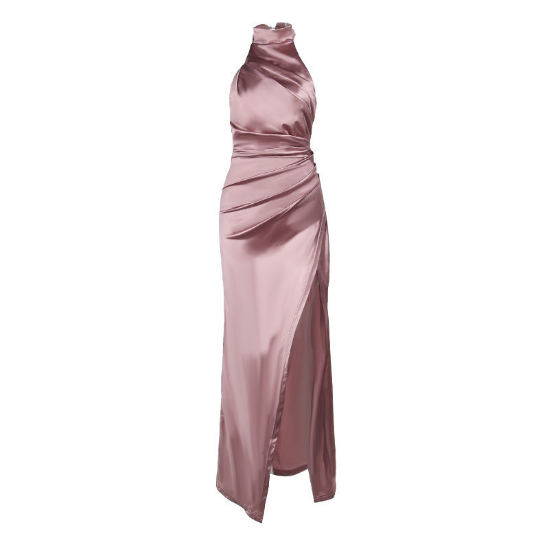 Elegant Stand-Up Collar Halter Slit Slim Long Dress for Women