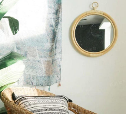 Round Vintage Rattan Makeup Mirror – Stylish Handmade Korean Design