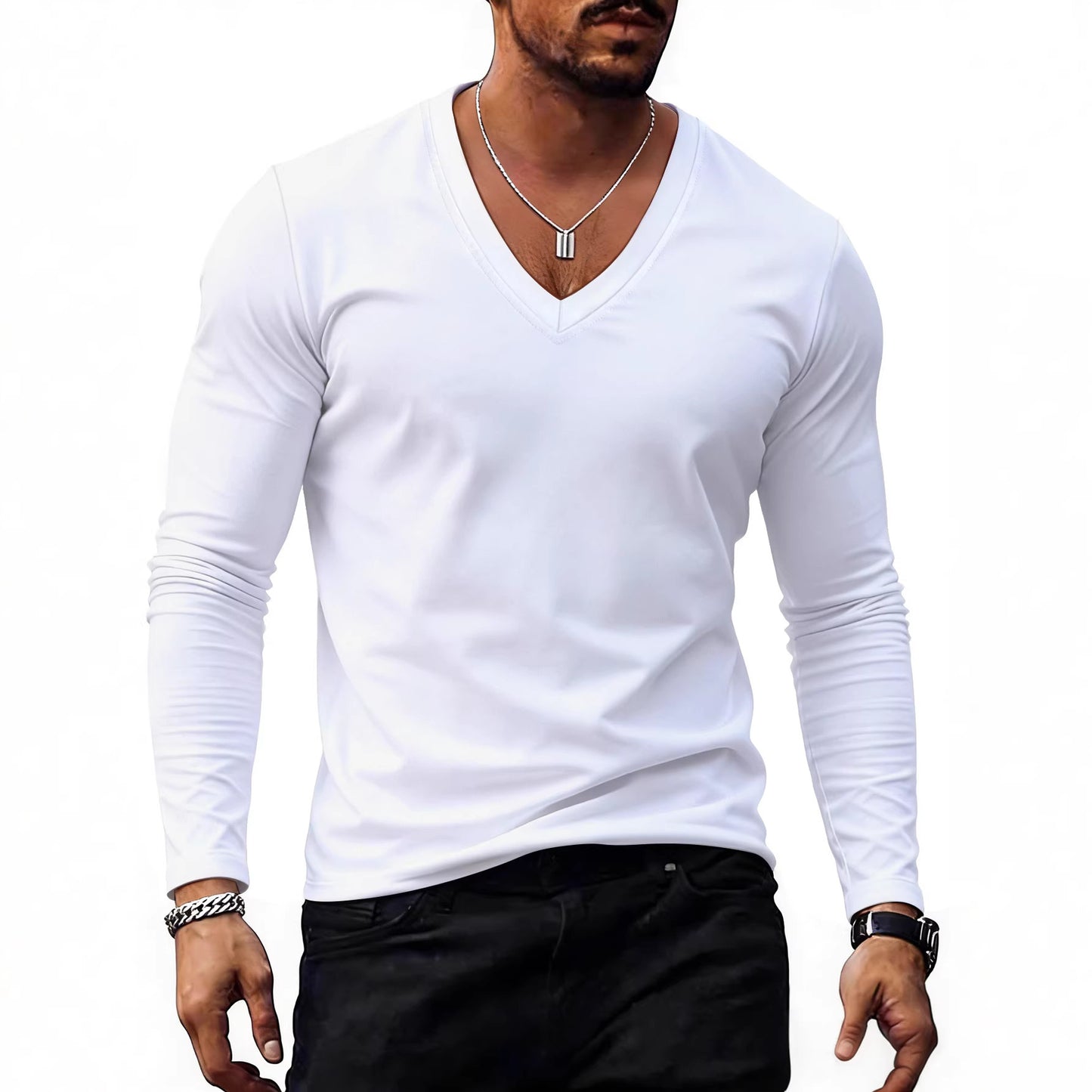 Men’s Solid-Color Plus-Size Casual V-Neck T-Shirt Trendy Style