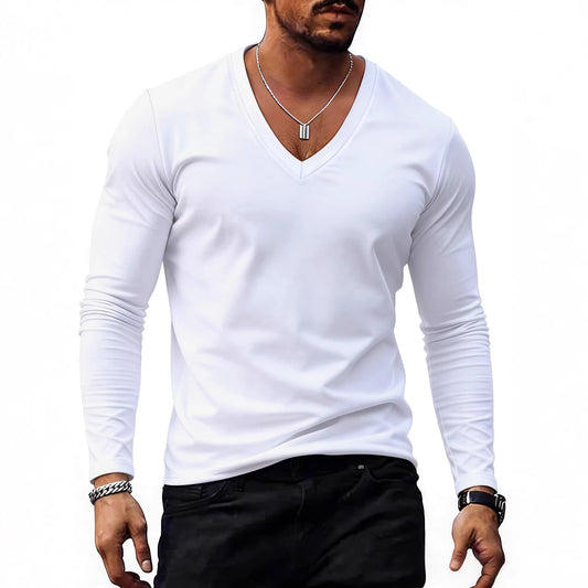 Men’s Solid-Color Plus-Size Casual V-Neck T-Shirt Trendy Style