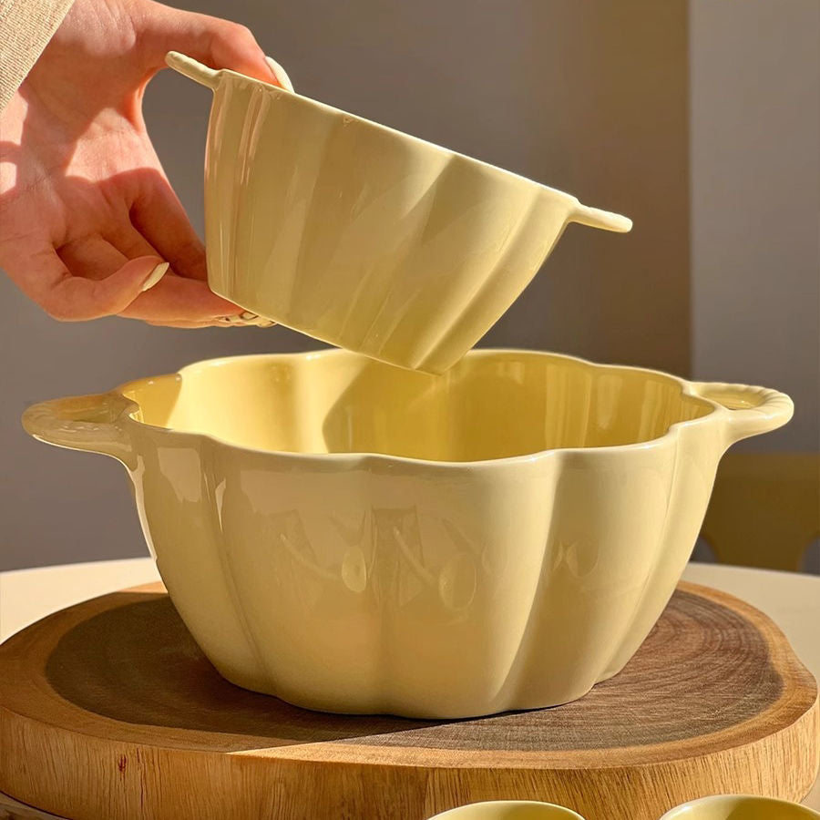 Double Eared Ceramic Soup Bowl with Floral Design
