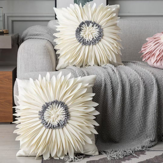 White Throw Pillow – Modern Velvet 3D Chrysanthemum Cushion