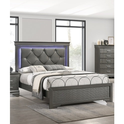 Dark Gray Faux Leather Tufted Queen Headboard Bed with LED