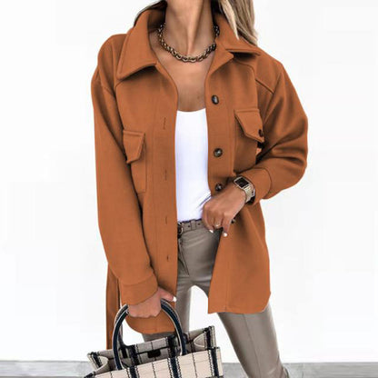 Buy Stylish Solid-Color Lapel Wool Coat With Button & Tie Details