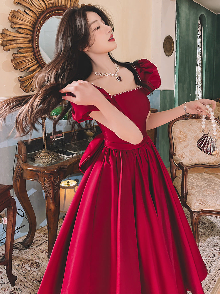 Winter Wine Red Engagement Satin Dress  French Princess Style