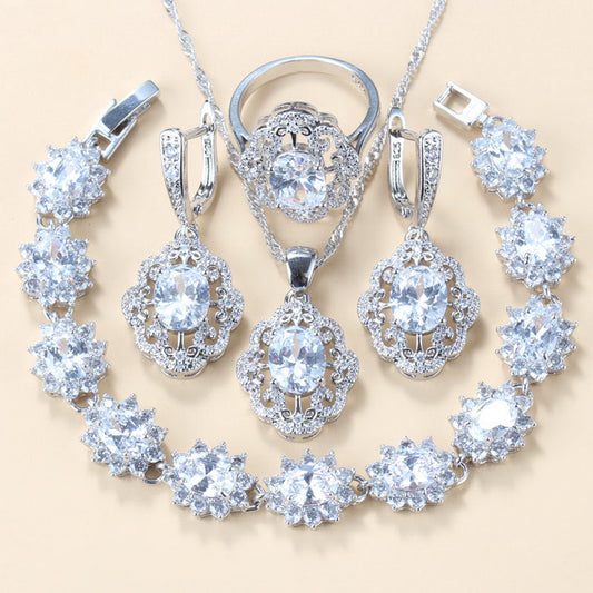 Garnet Cubic Zirconia Earrings Pendant Necklace Bracelet Ring Gift 4 PCs Set