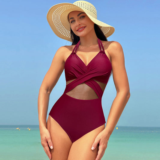 Buy Solid Color One-piece Swimsuit | Halter-neck Mesh Beachwear