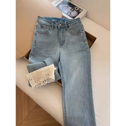 Fashionable Retro Lace Straight-Leg Denim Jeans for Women