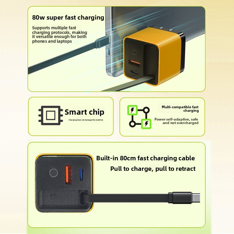 80W GaN Retractable Cable Fast Charger