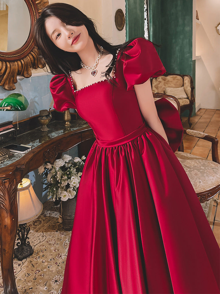 Winter Wine Red Engagement Satin Dress  French Princess Style