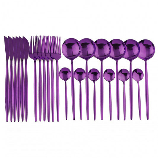 24PCS White Gold Dinnerware Set Stainless Steel Knife Fork
